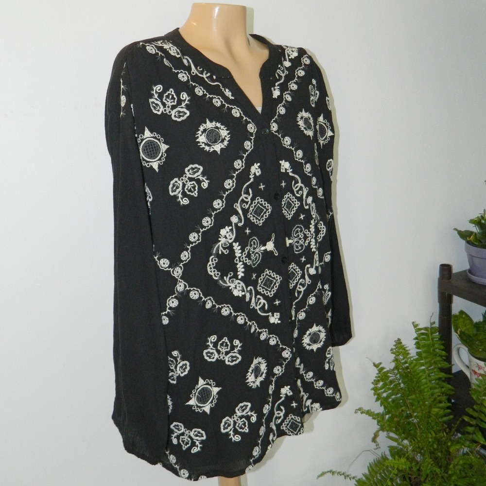 LOGO Lavish Button Down Top Womens XL Black Embroidered Cotton Gauze Boho V-Neck